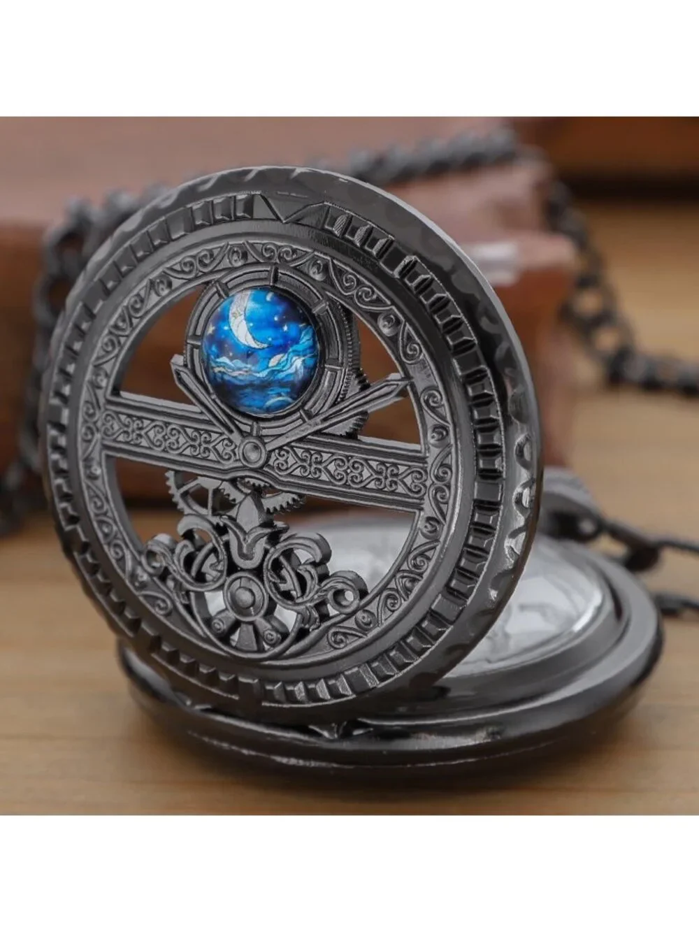 Men's All Black Analog Quartz Arabic Numeral Moon Phase Chain Dial Pocket Watch